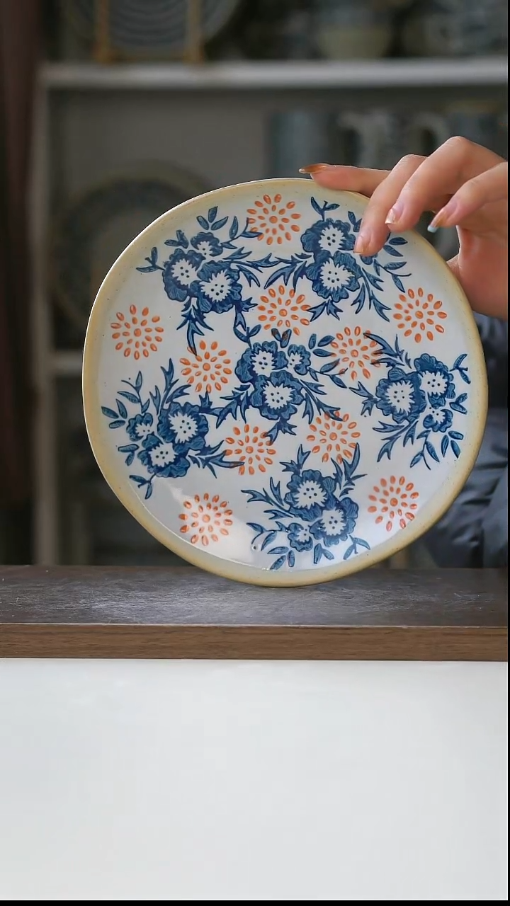 陶粗陶手绘花语晨曦早餐盘19cm@7-7@微瑕