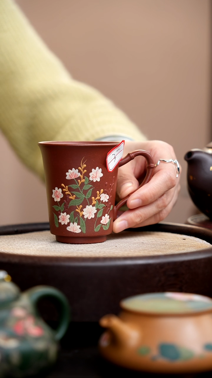 茶壶紫砂紫泥竹节手把杯泥绘花