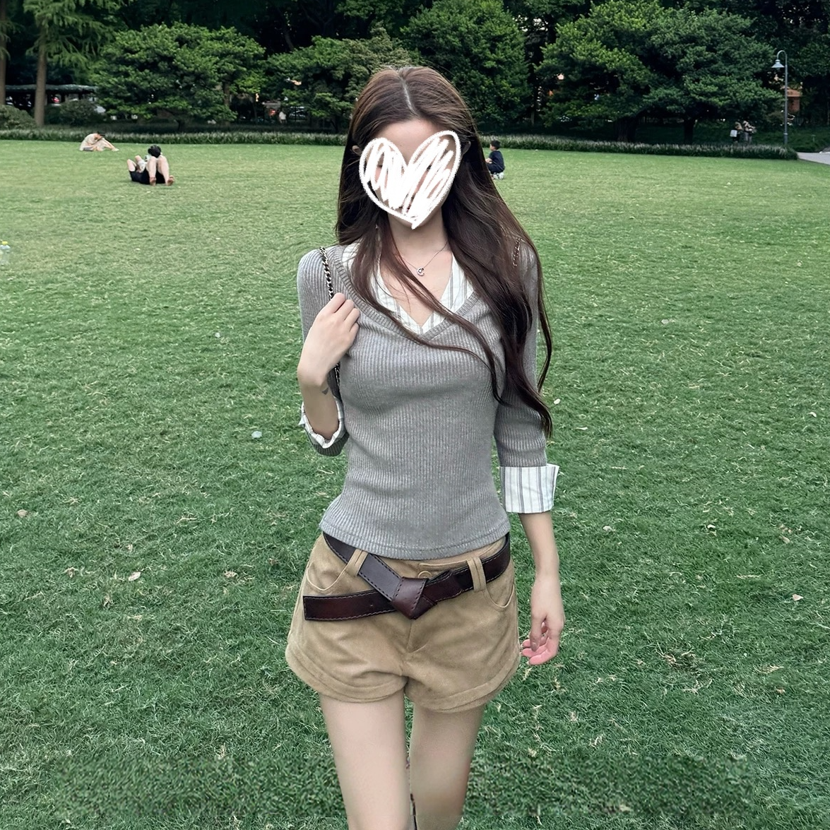 DANSHIER~早秋假两件v领中袖针织衬衫女