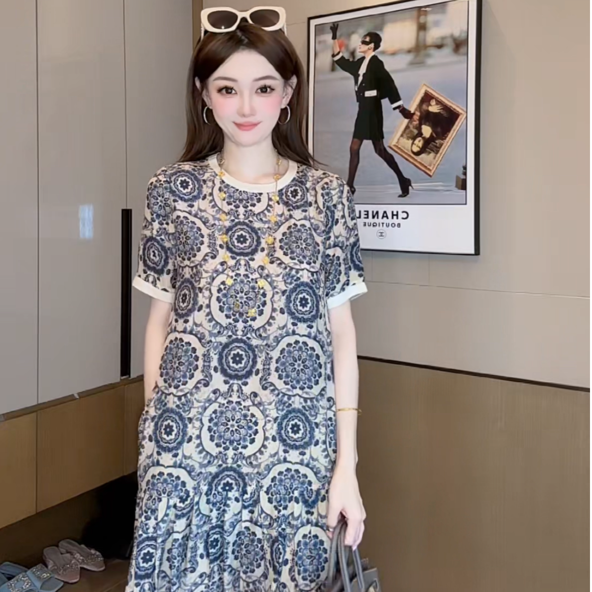 【深圳南油】【S158】真丝双绉桑蚕丝印花暗纹花朵蚕丝女装连衣裙