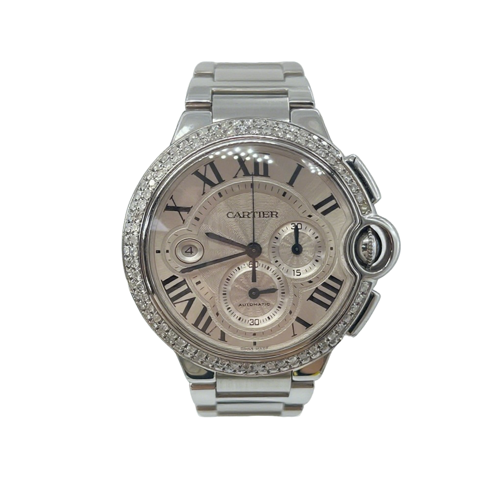 99新 Cartier/卡地亚 蓝气球计时/44mm/白盘钢带镶钻背透机械男表