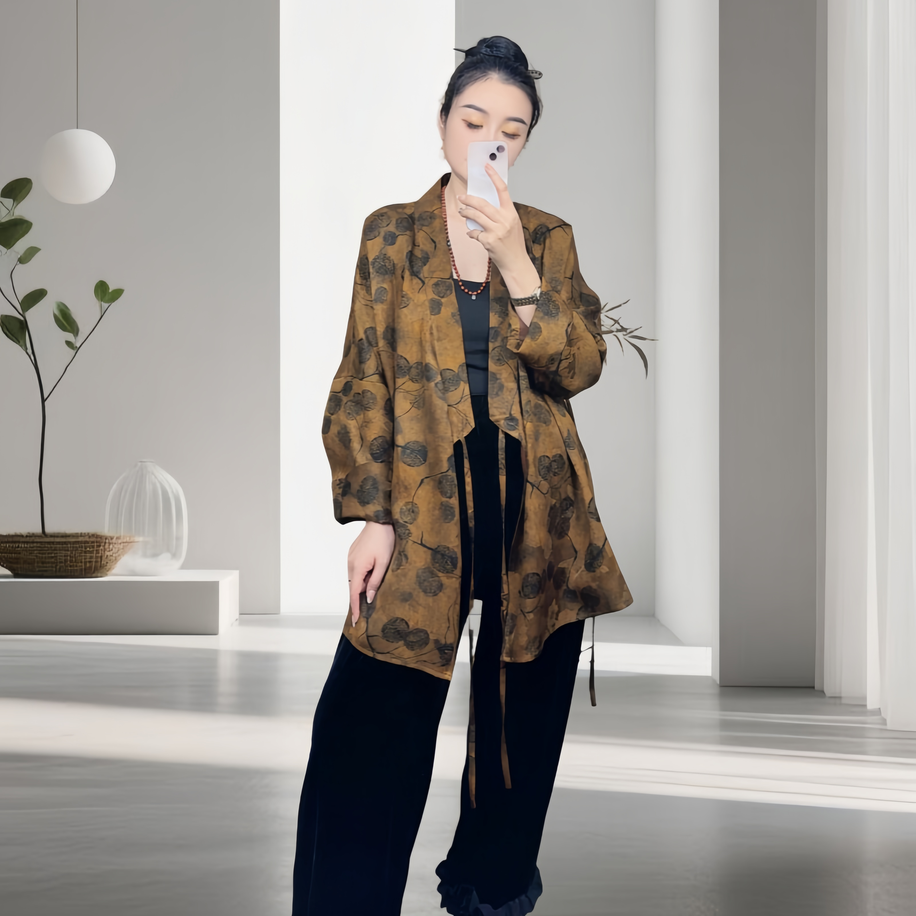 国风印花宽松休闲长袖袍子刘诗诗同款新中式气质上衣外套桑蚕丝