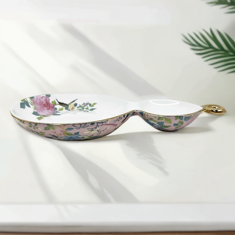 【奇居腾飞】百鸟和鸣骨瓷葫芦盘创意家居收纳果盘 粉红色