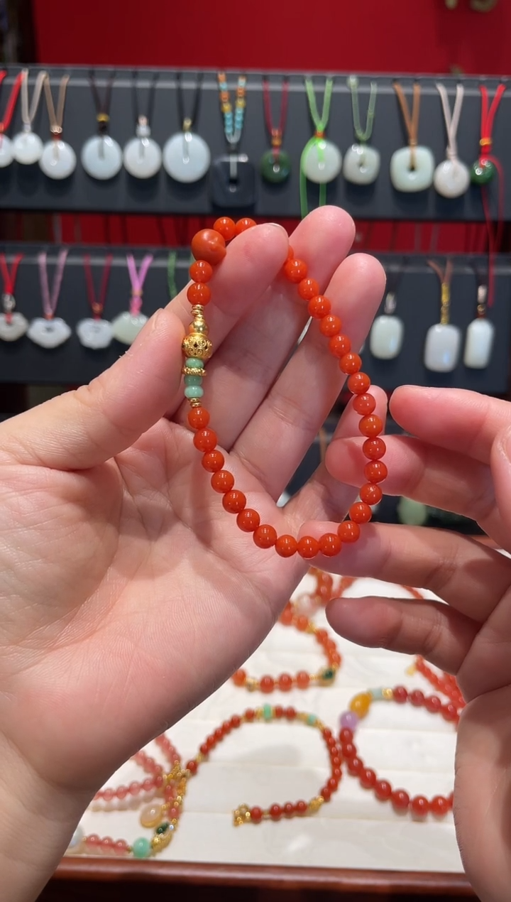 颈饰银S925镀金镶嵌南红玛瑙南红手串