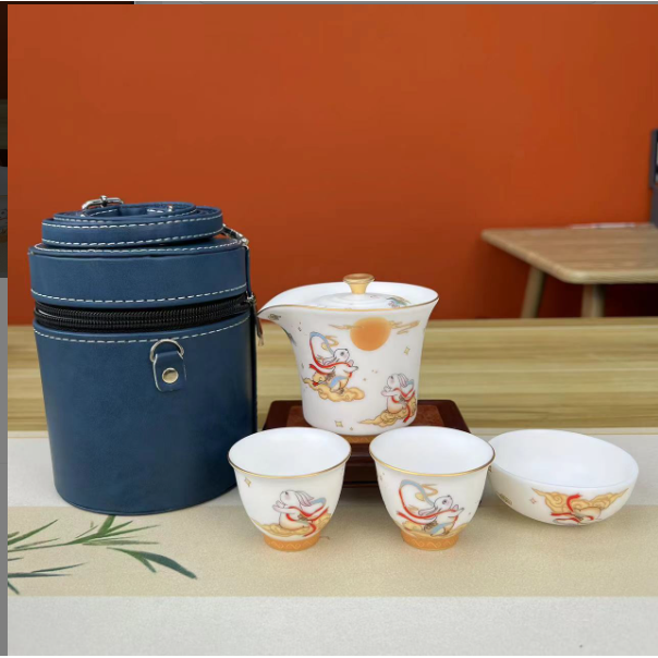 G1286-玉兔呈祥羊脂玉白瓷旅行套装GD