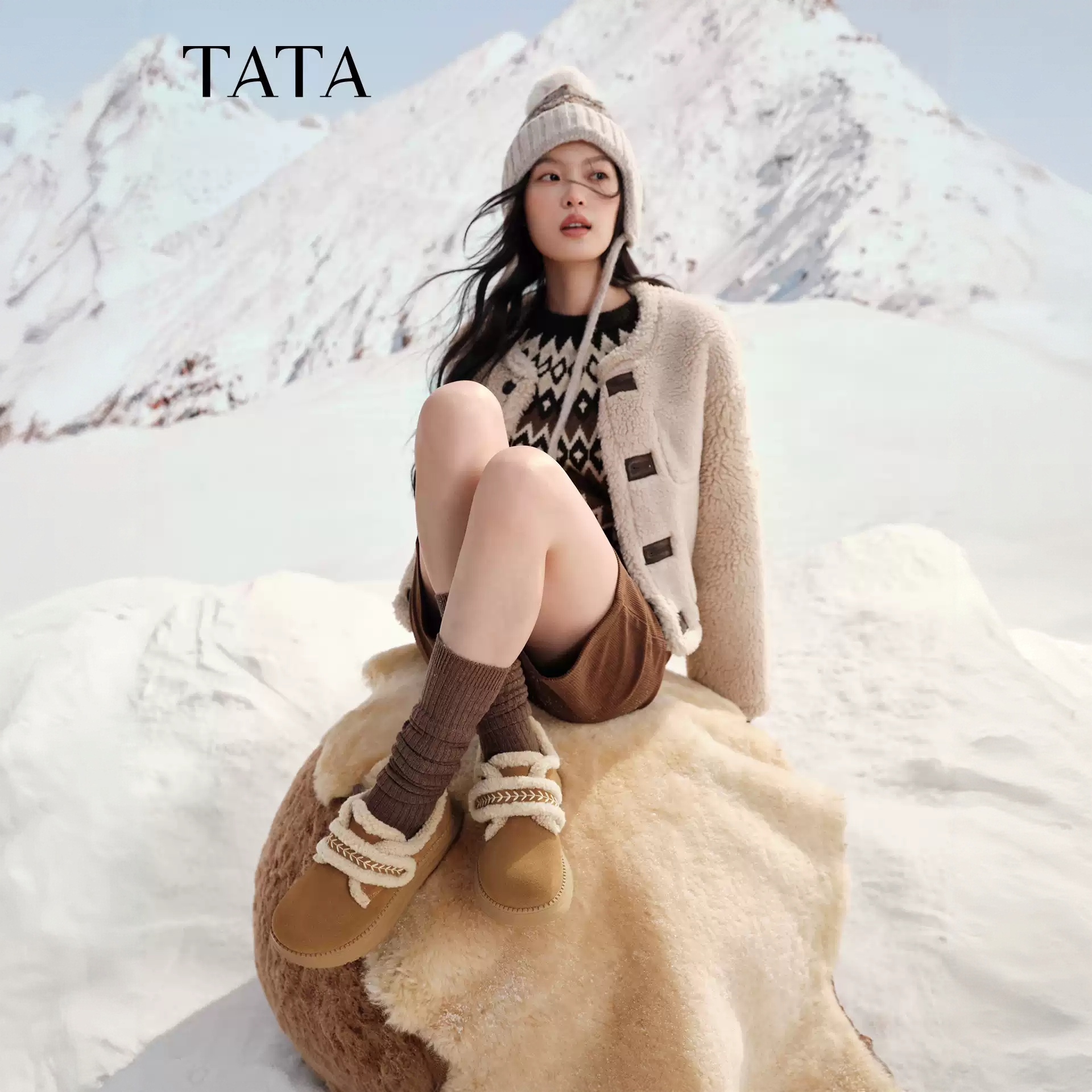 【百丽集团TATA】25冬新款厚底加绒保暖防滑百搭女毛毛单鞋CYY07DM5