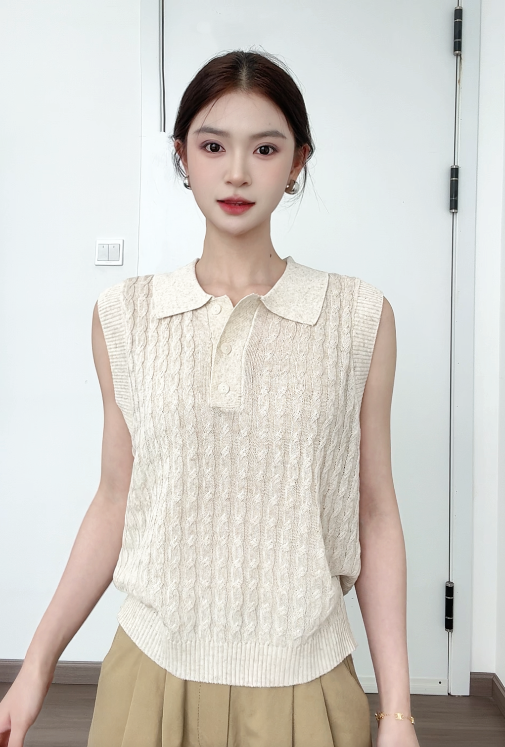 小个子夏季新品复古老钱风肌理感POLO领针织翻领无袖上衣25XZ2729