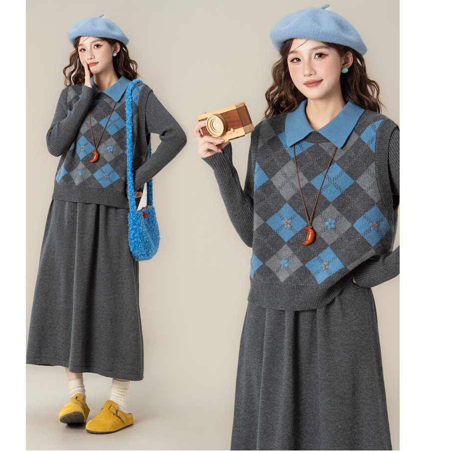 【蓝色格菱】学院风高级感套装2025新款女装秋冬季刺绣针织两件套
