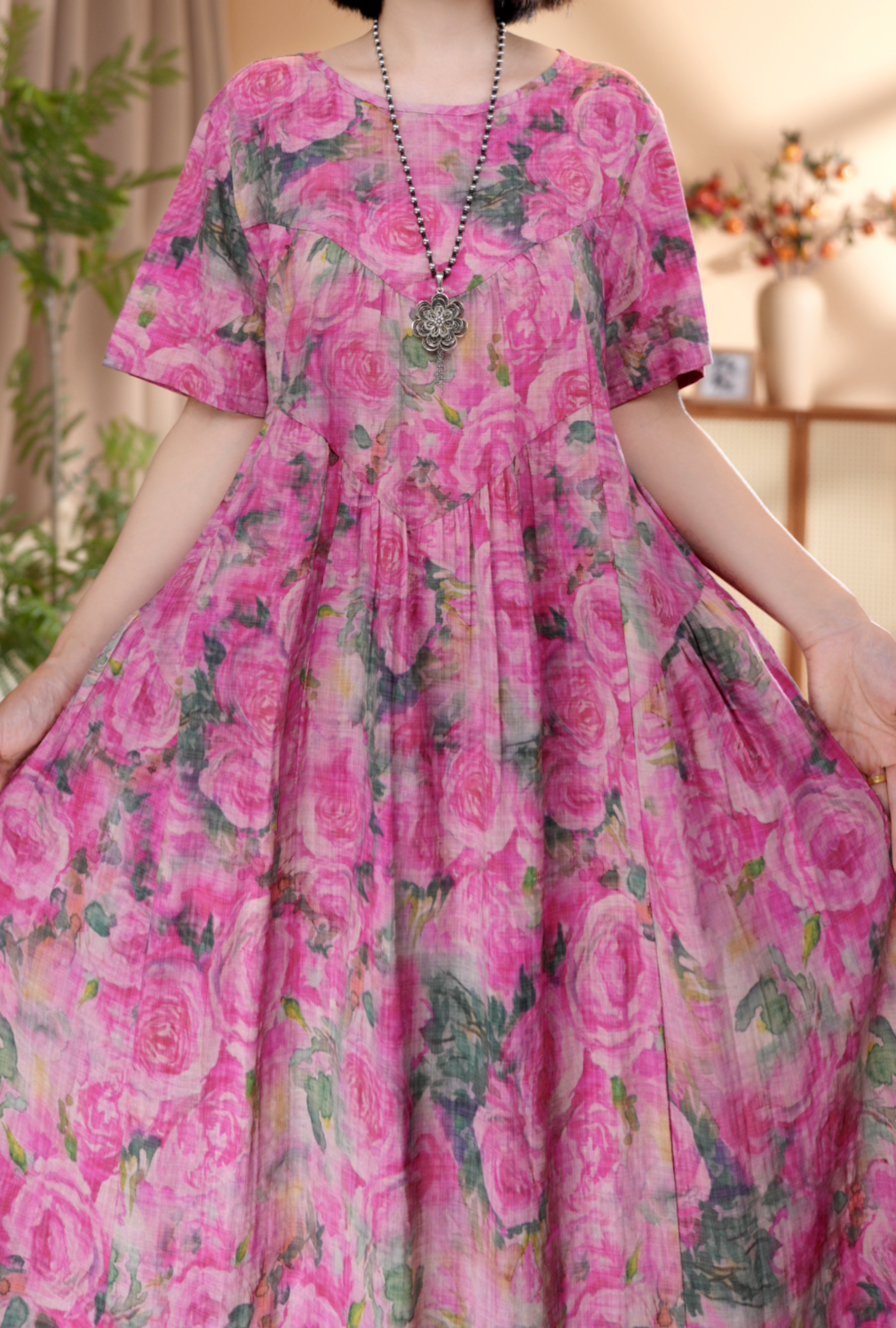 夏季新款高端碎花长款印花宽松收腰显瘦遮肉连衣裙长裙a1590