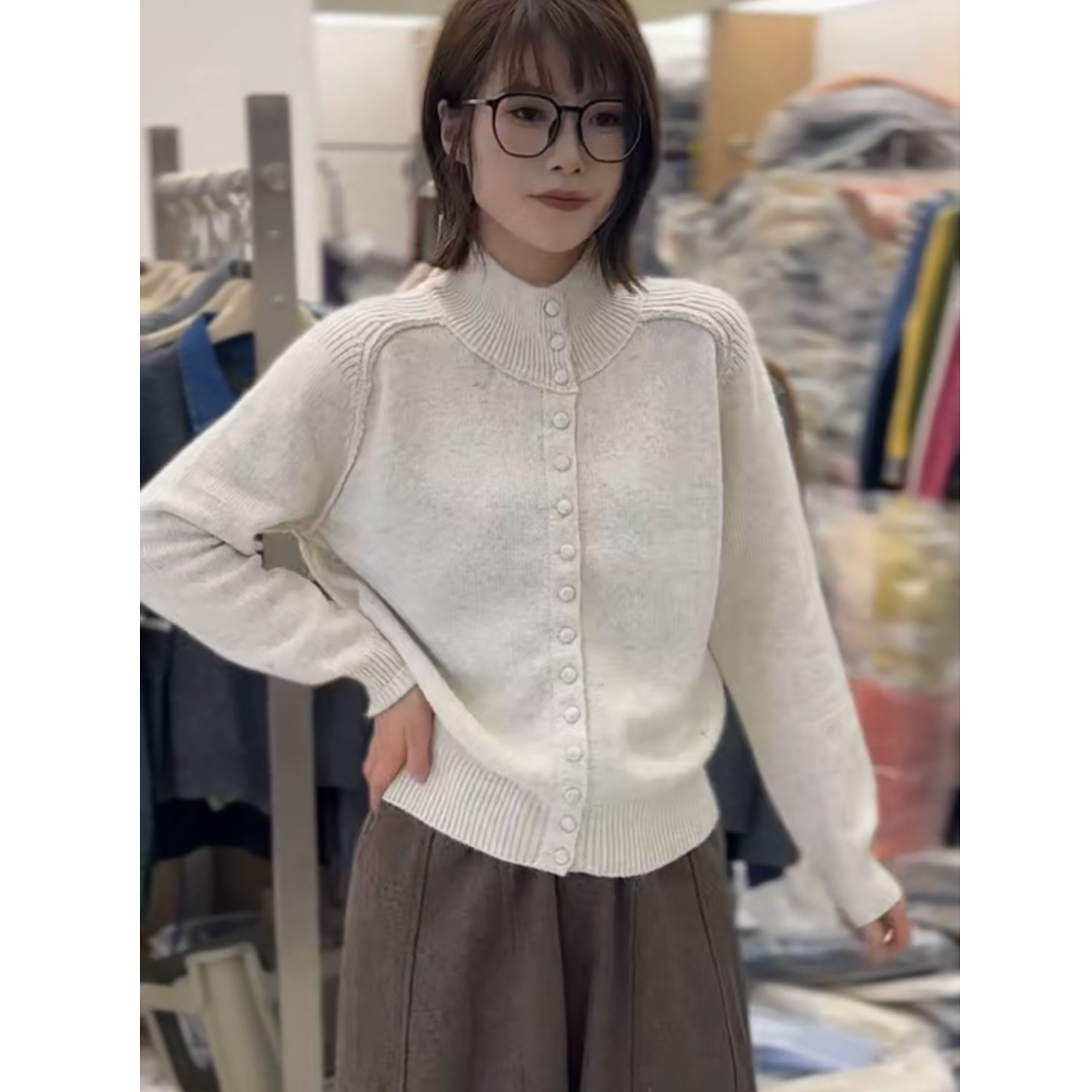 【可立可翻包扣】米白色新款气质纯色长袖显瘦百搭针织衫女毛衣