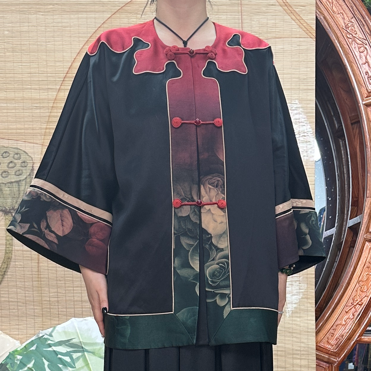 60姆米重缎如意牡丹富贵花开对开襟太太服100桑蚕丝香云纱新中式