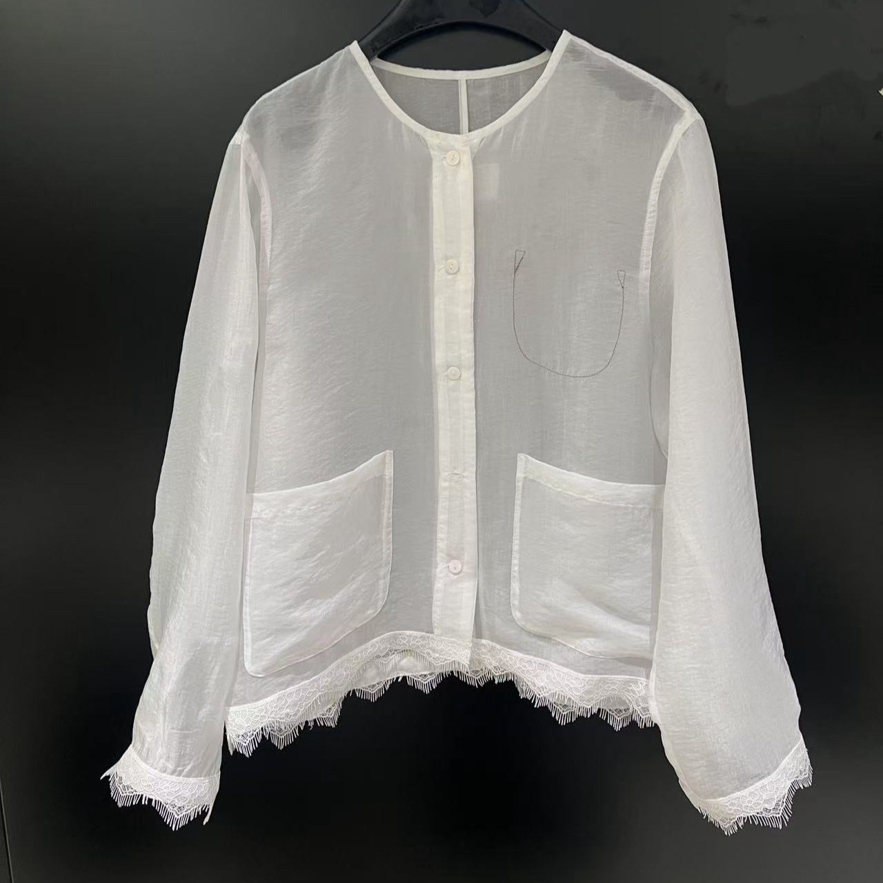 FUJIA STYLE新款气质简约舒适蕾丝袖蕾丝下摆衬衫A8032