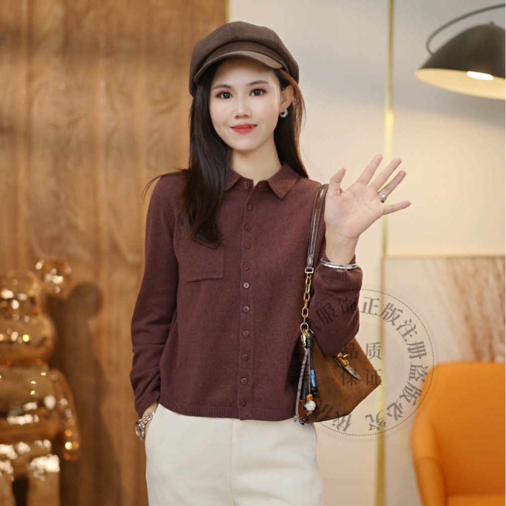 [100%纯羊毛]冬季新款超细美丽诺羊毛气质百搭翻领纯色开衫女7988