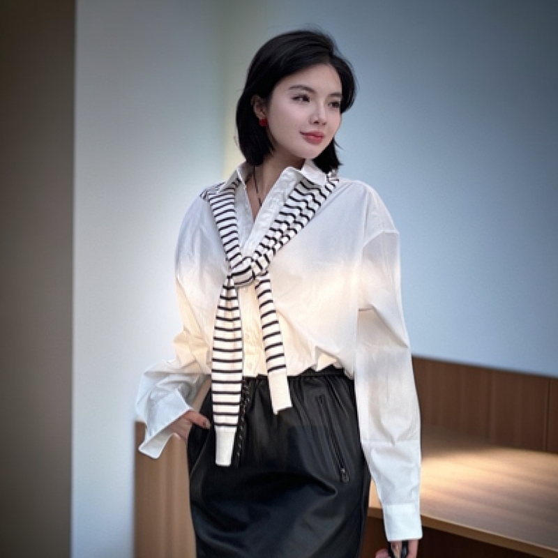 三上买手店白色设计师款短衬衫简约设计感时尚百搭上衣黑白条纹