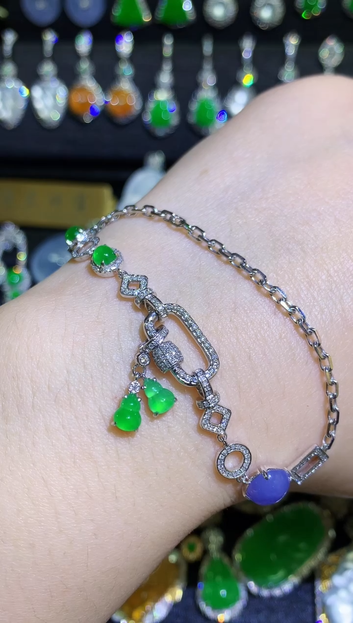 【闪购商品】翡翠手链18K金镶嵌高冰多宝万能手链