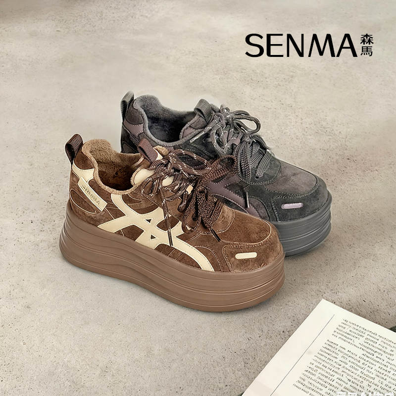 SENMA/森马25年系带秋冬季休闲风低帮鞋厚底防滑复古圆头增高女鞋