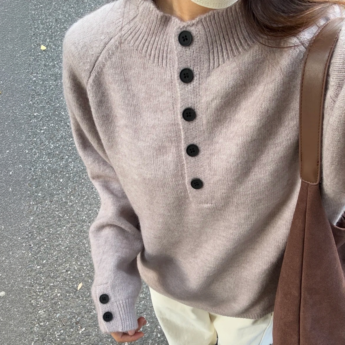 柔雾紫~温柔浅调 韩系秋冬季半高领纽扣毛衣女慵懒加厚内搭打底衫