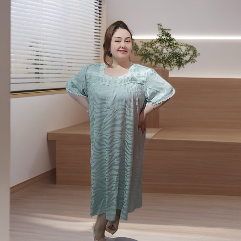 夏季大码纯色甜美睡裙短袖裙子七分袖休闲家居服气质拼接性感