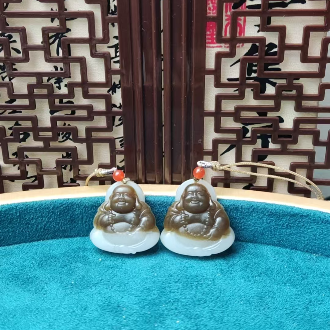 和田玉且末糖白佛公吊坠（一对）