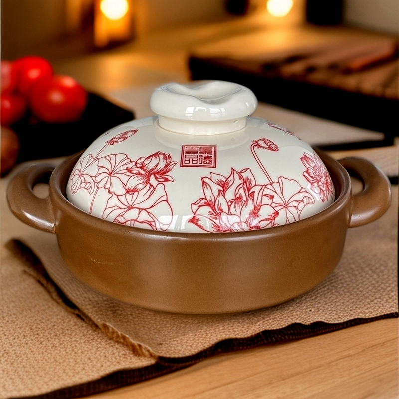 （景徳釉下彩）荷花牛角耐高温无涂层浅口陶瓷烧菜煲仔饭黄焖鸡砂锅