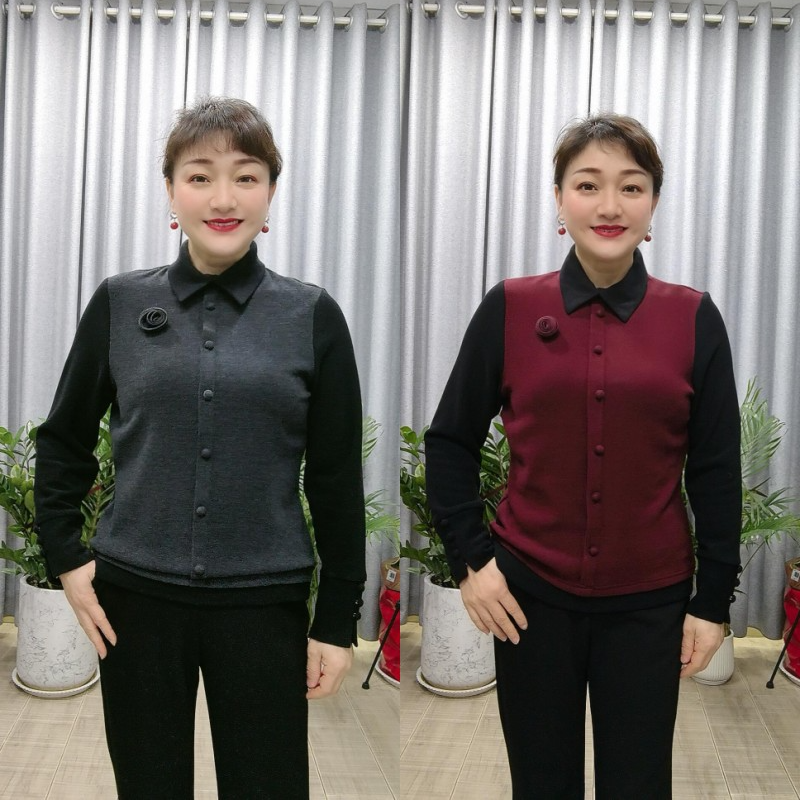 冬季双面绒拼色花朵洋气妈妈T恤精品打底衫8666