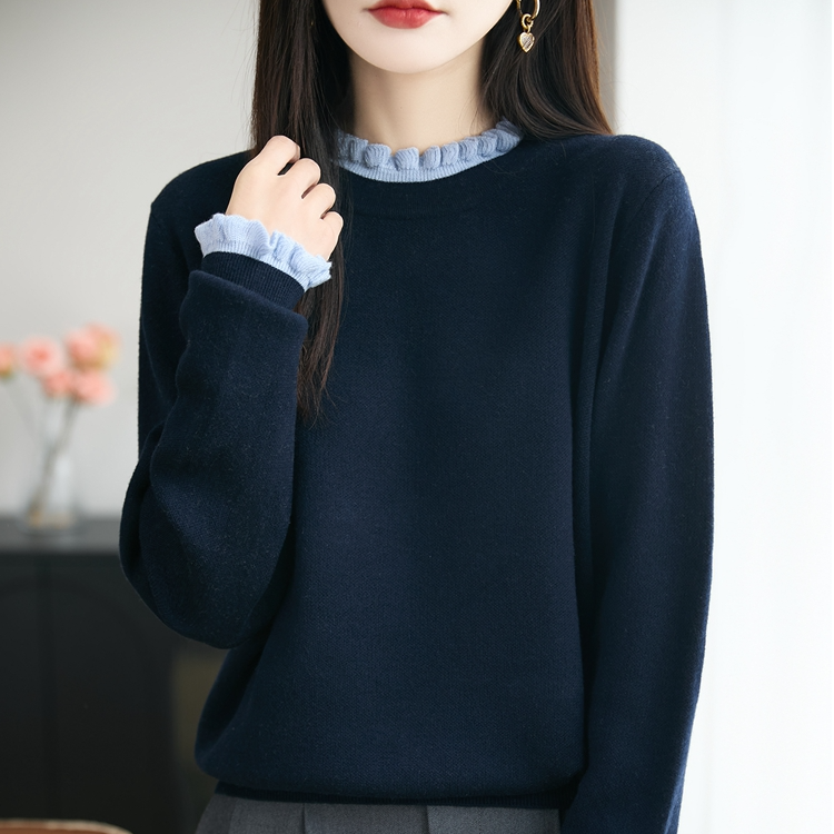 秋冬加厚针织衫女木耳边木耳袖口打底衫拼色百搭打底衫气质毛衣