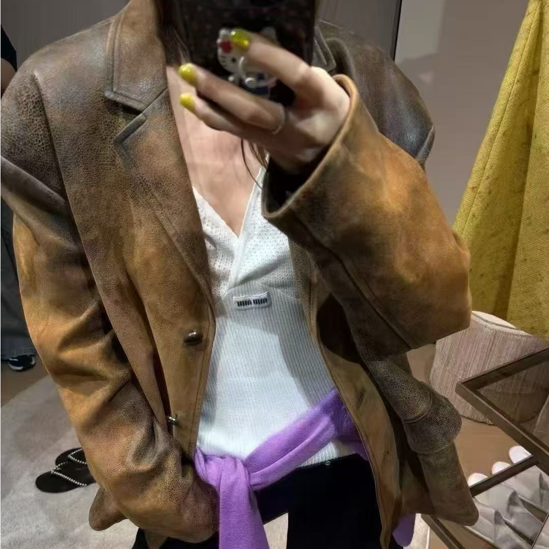 欧韩时尚宽松磨砂复古做旧喷色皮西装外套