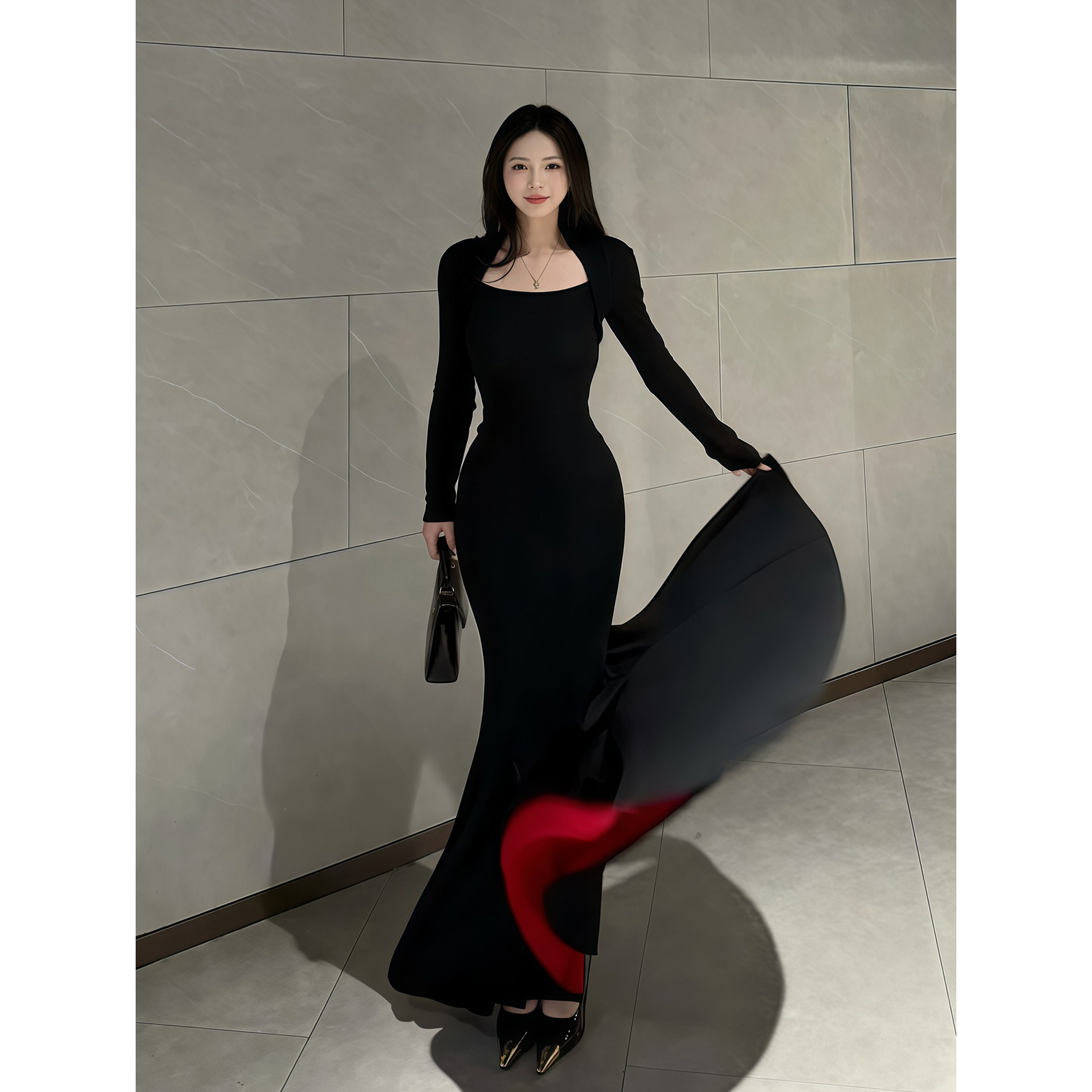 大码女装红底连衣裙秋冬方领步步生莲鱼尾新款气质性感长裙13995