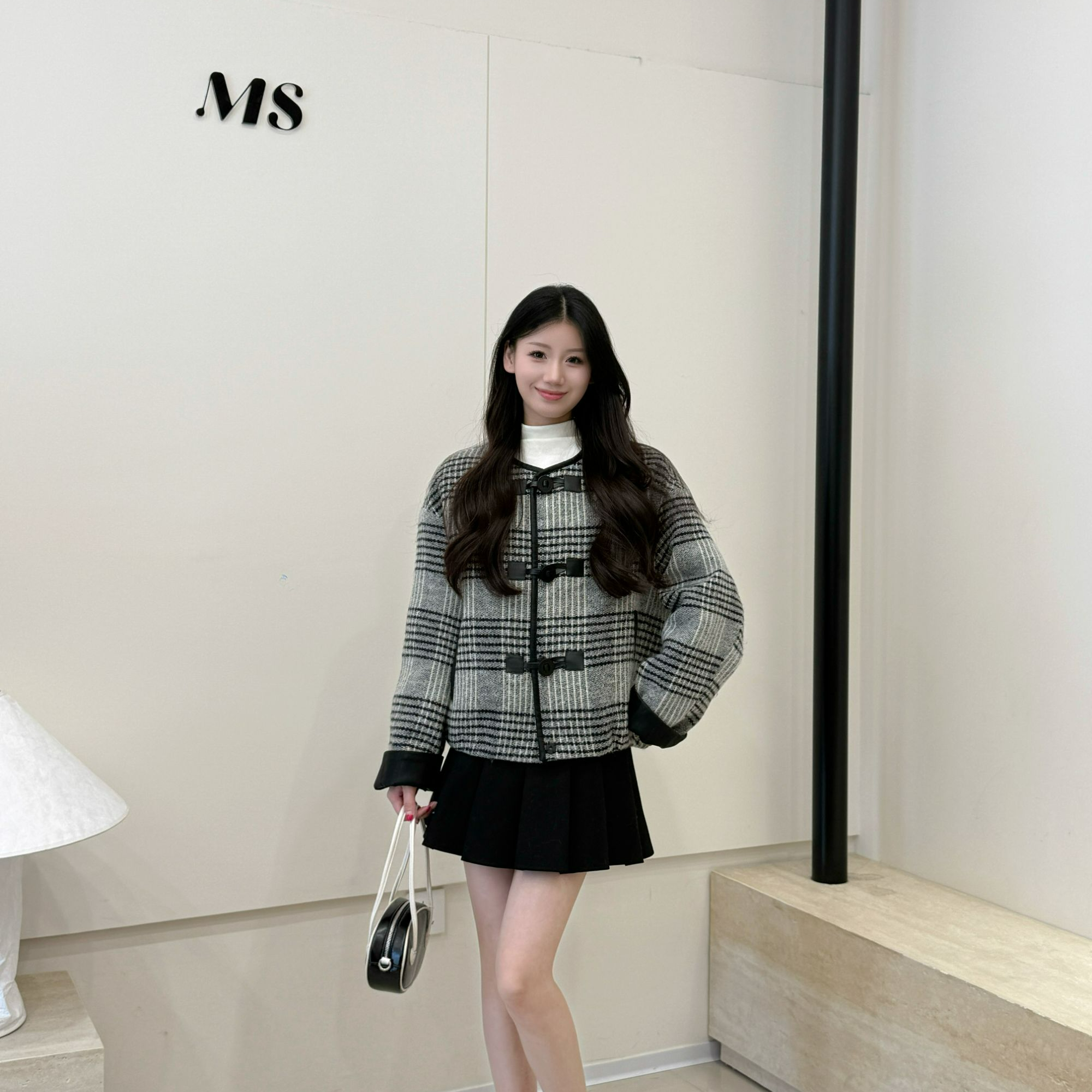 韩系时尚拼接毛呢格子小个子外套2025冬新款