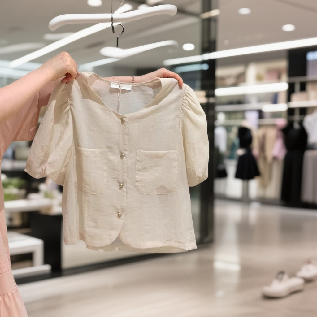 甜美法式休闲洋气减龄圆领短袖泡泡袖衬衫女夏季时尚百搭上衣770