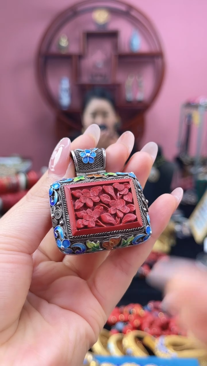 非遗 花丝镶嵌雕漆吊坠 素银 横版