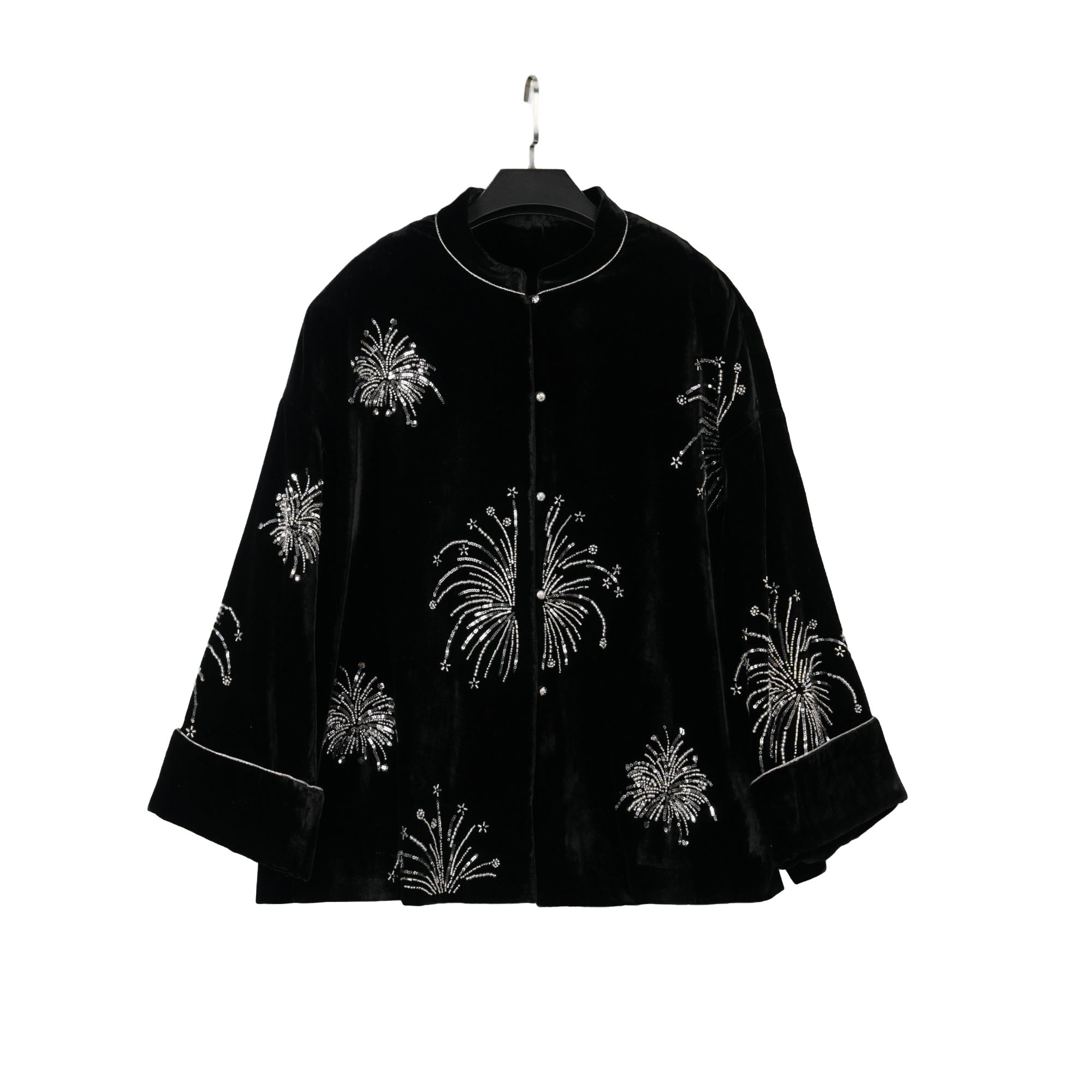 【簪星】 丝绒手工银珠刺绣银珠扣圆立领上衣