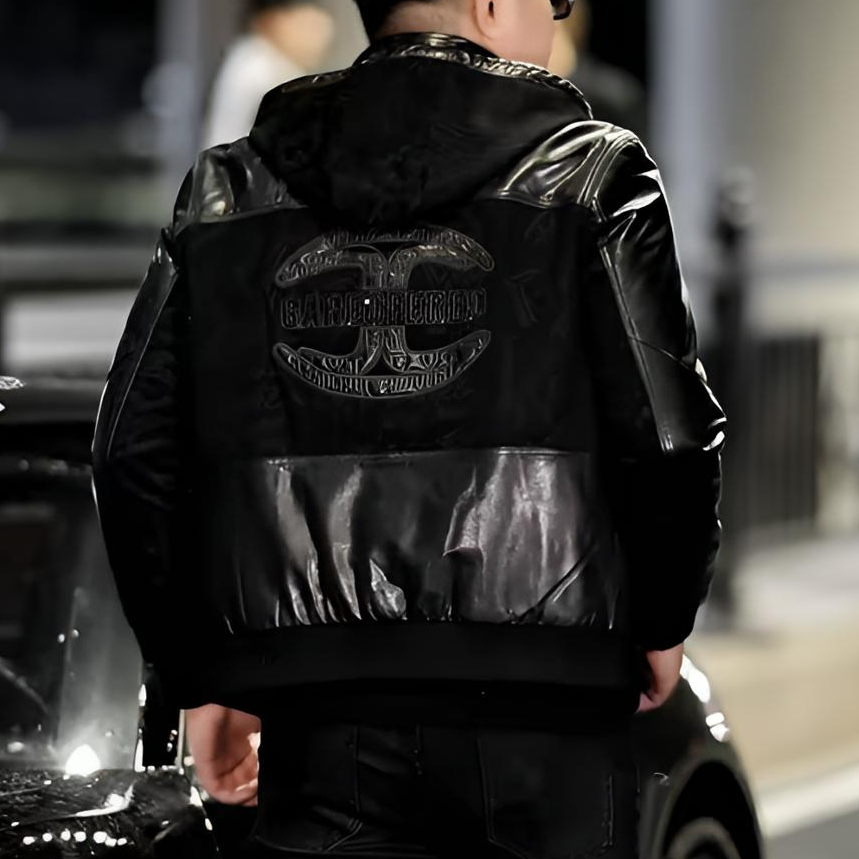 冬季新款轻奢修身拼真皮可拆卸帽男士羽绒服