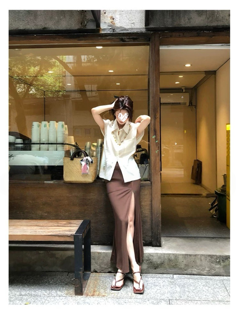 复古韩系短袖衬衫女夏薄款衬衣半裙套装