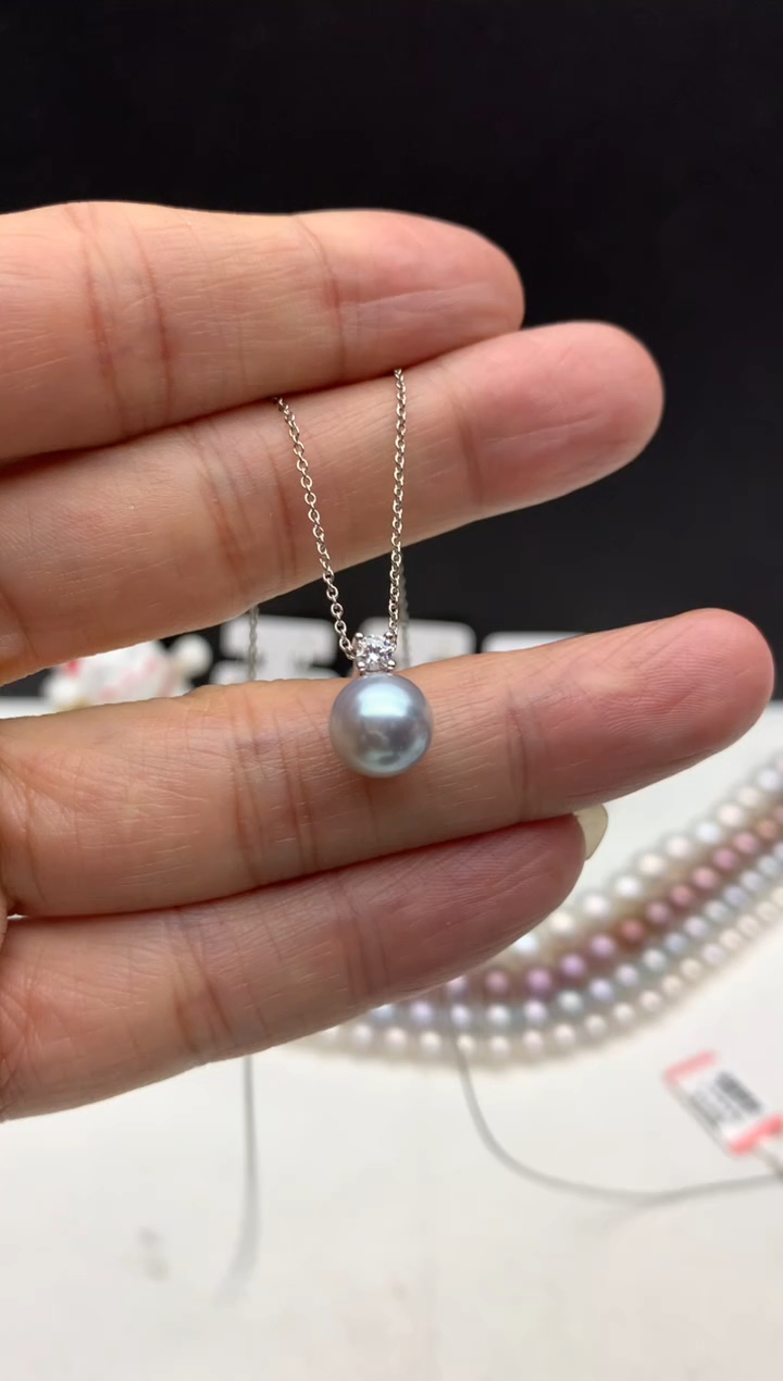 银S925镶嵌ff海水珍珠akoya灰珠吊坠（赠链）8~9mm