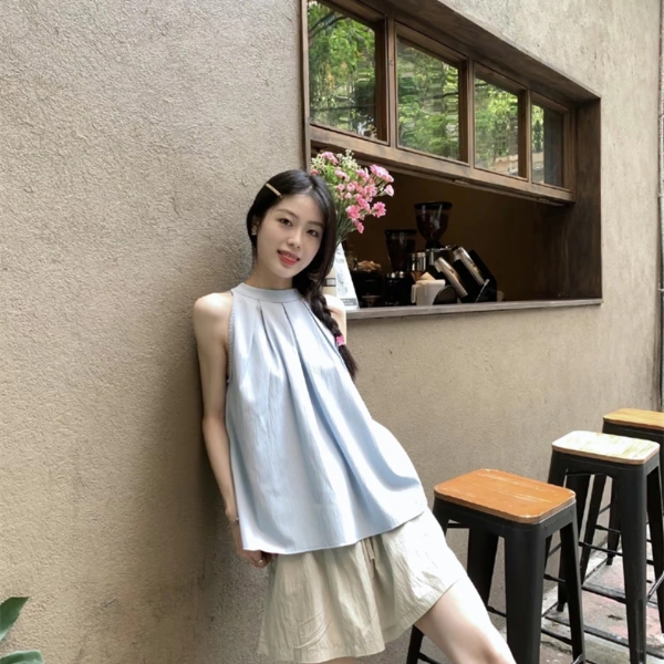 编号对应衣服 法式甜美女夏季外穿衬衫气质挂脖吊带宽松无袖上衣