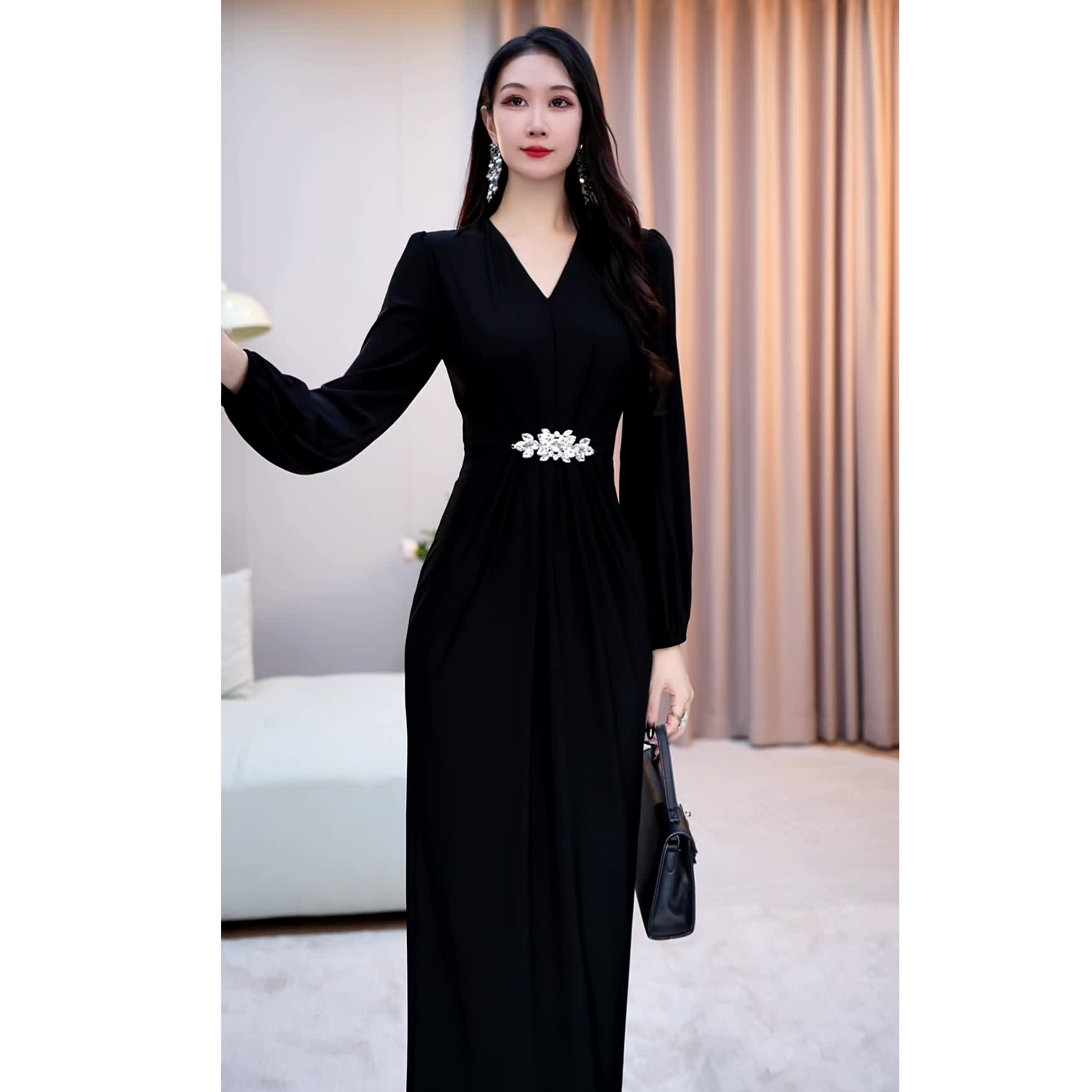 【方圆】黯韵 秋季新款长袖V领连衣裙显瘦复古设计师女装-VG0381