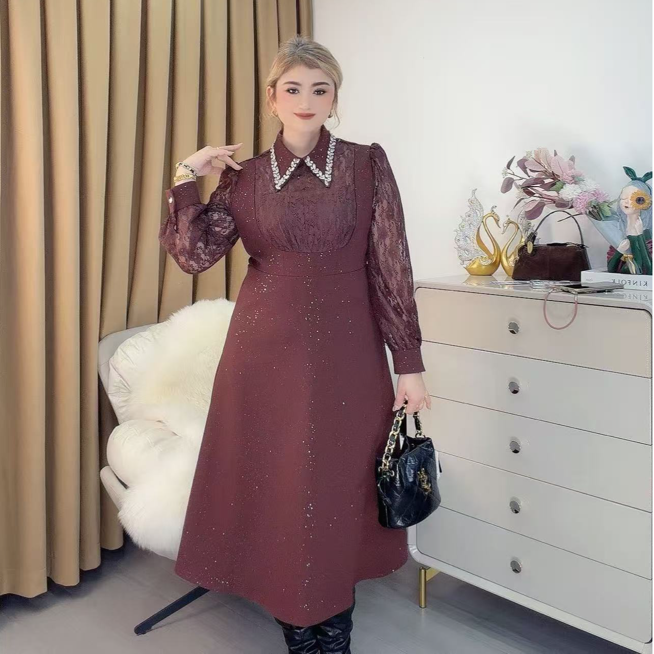 长袖网红秋季高腰中长法式蕾丝拼接8863款连衣裙