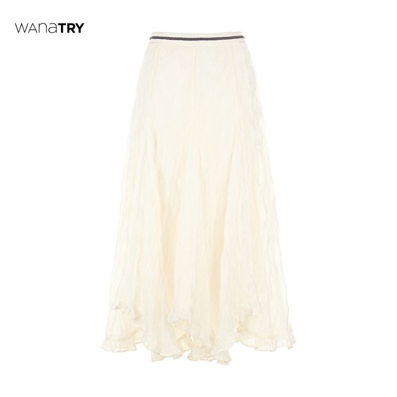 【自播专享】wana try 米白色褶皱木耳边半身裙