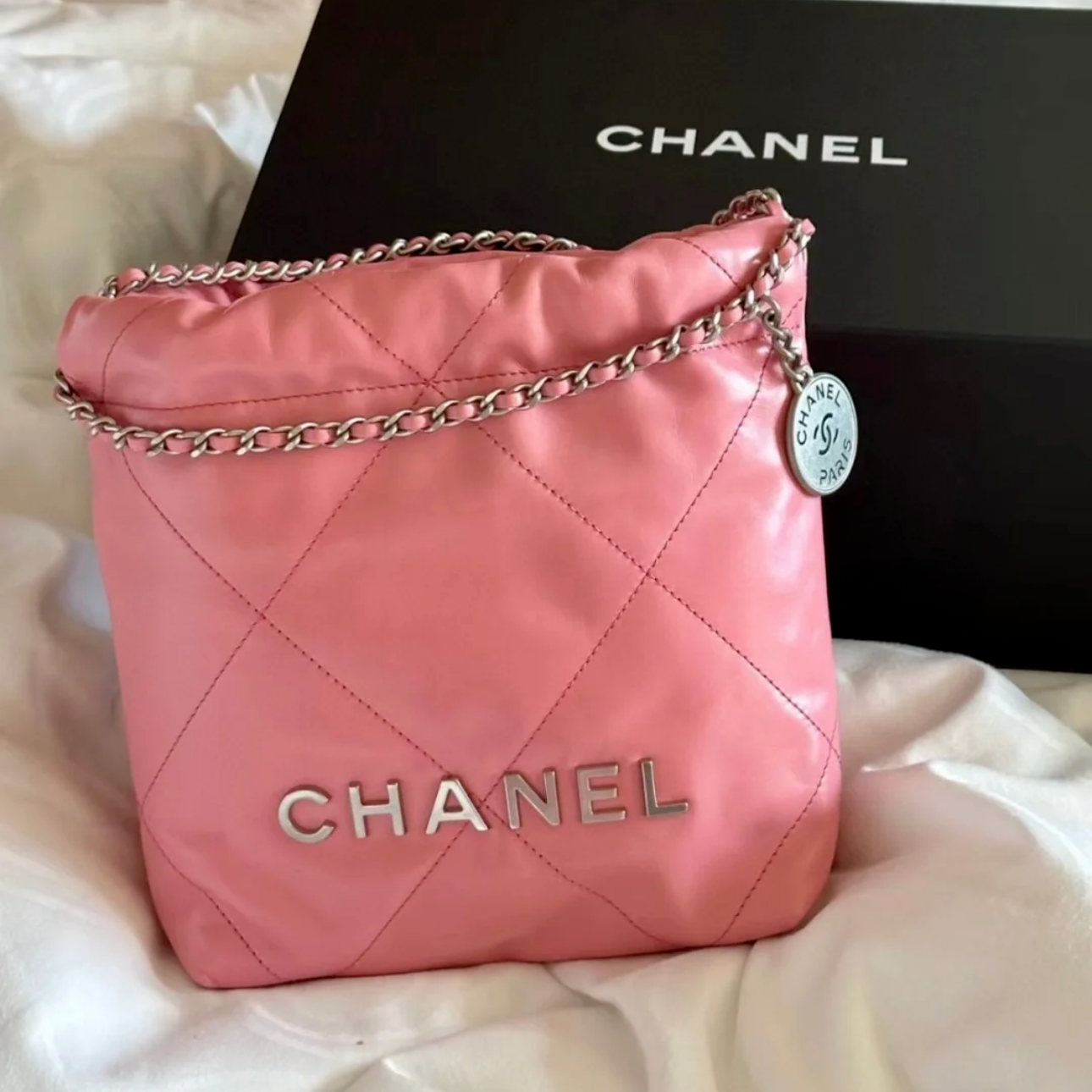 99新 Chanel/香奈儿 珊珊活动 22BAG 托特包Mini20cm粉色芯片银扣