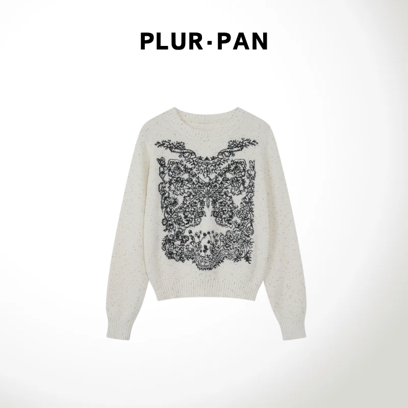 PLUR·PAN 重工刺绣蝴蝶花卉圆领针织衫18358