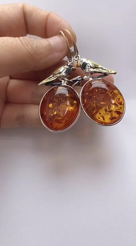 【闪购商品】琥珀裸石银S925镶嵌琥珀耳坠