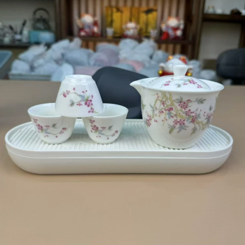 羊脂玉瓷桃花桃枝快客杯旅行茶具一壶三杯带茶盘ZH2500