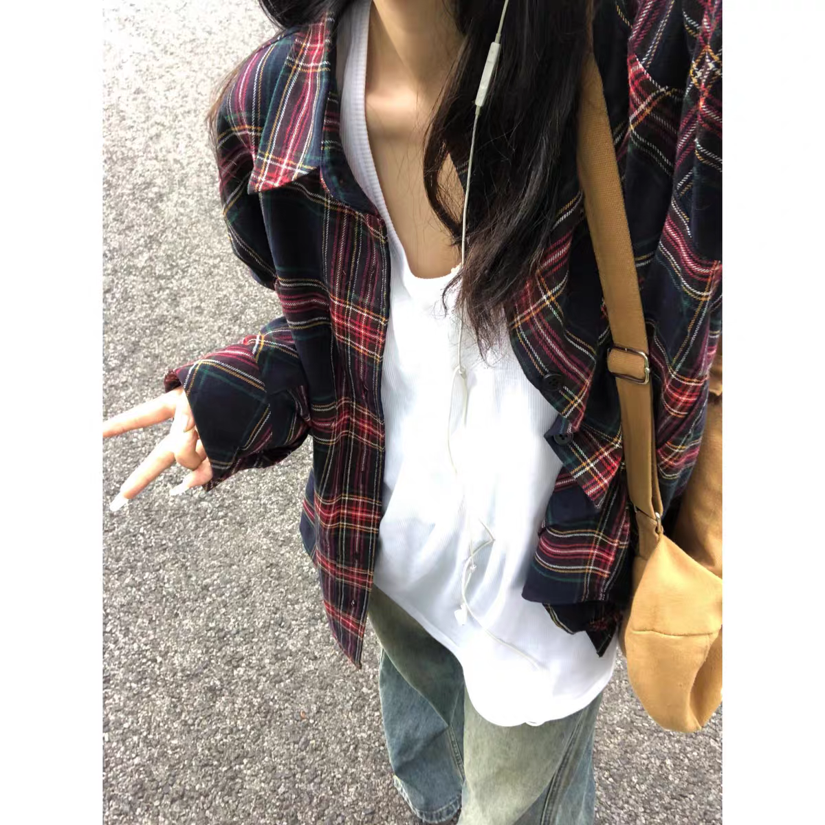 oversize复古红色格子衬衫外套女秋季新款慵懒风中长宽松休闲衬衣