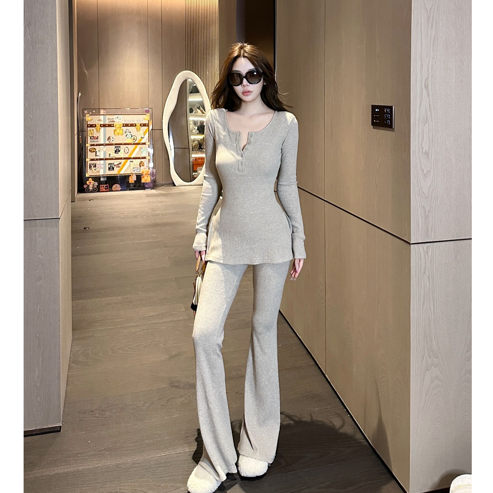 媛媛【亨利套装】简约亨利领新款秋冬时尚套装女(上衣+裤子）#TZ0827
