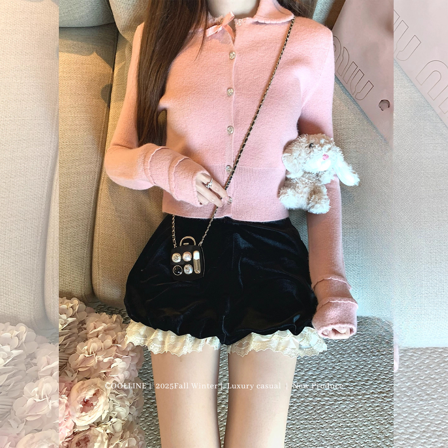 COOLLINE林子熙 doll美貌天赋 洋气黑丝绒蝴蝶结蕾丝拼接灯笼短裤