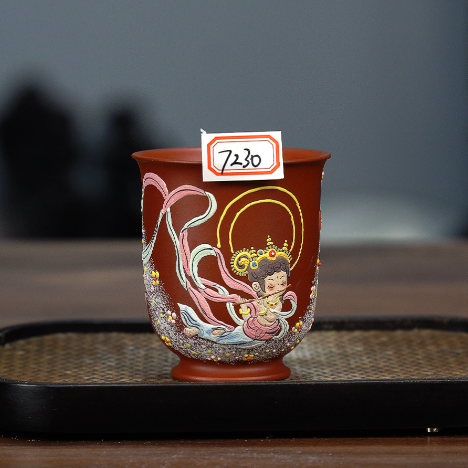7230宜兴陶瓷高档紫砂茶具大红袍捂灰堆绘小天使主人杯150ccFSY