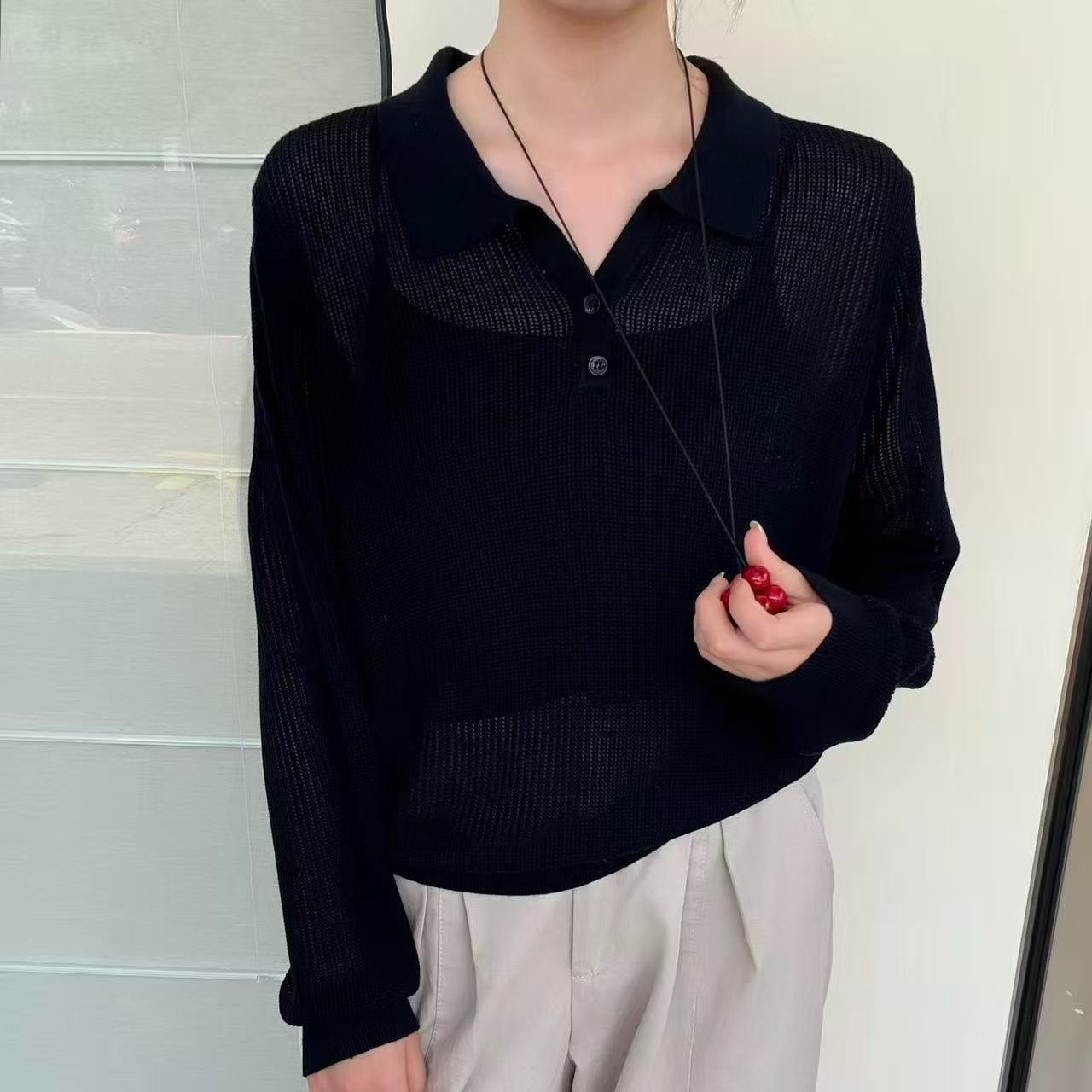 【轻奢polo-黑色】慵懒风网格网衫薄款女款上档次洋气新款520