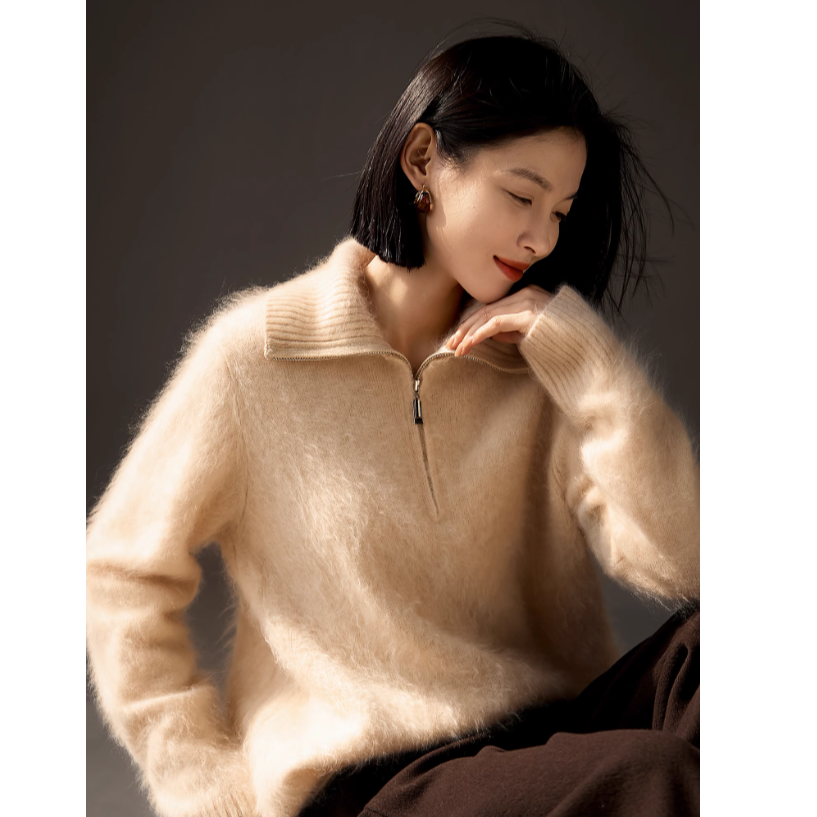 笑涵阁 "皇室拉毛"羊绒 /拉链半开襟绒感针织衫ZZJ765804VG