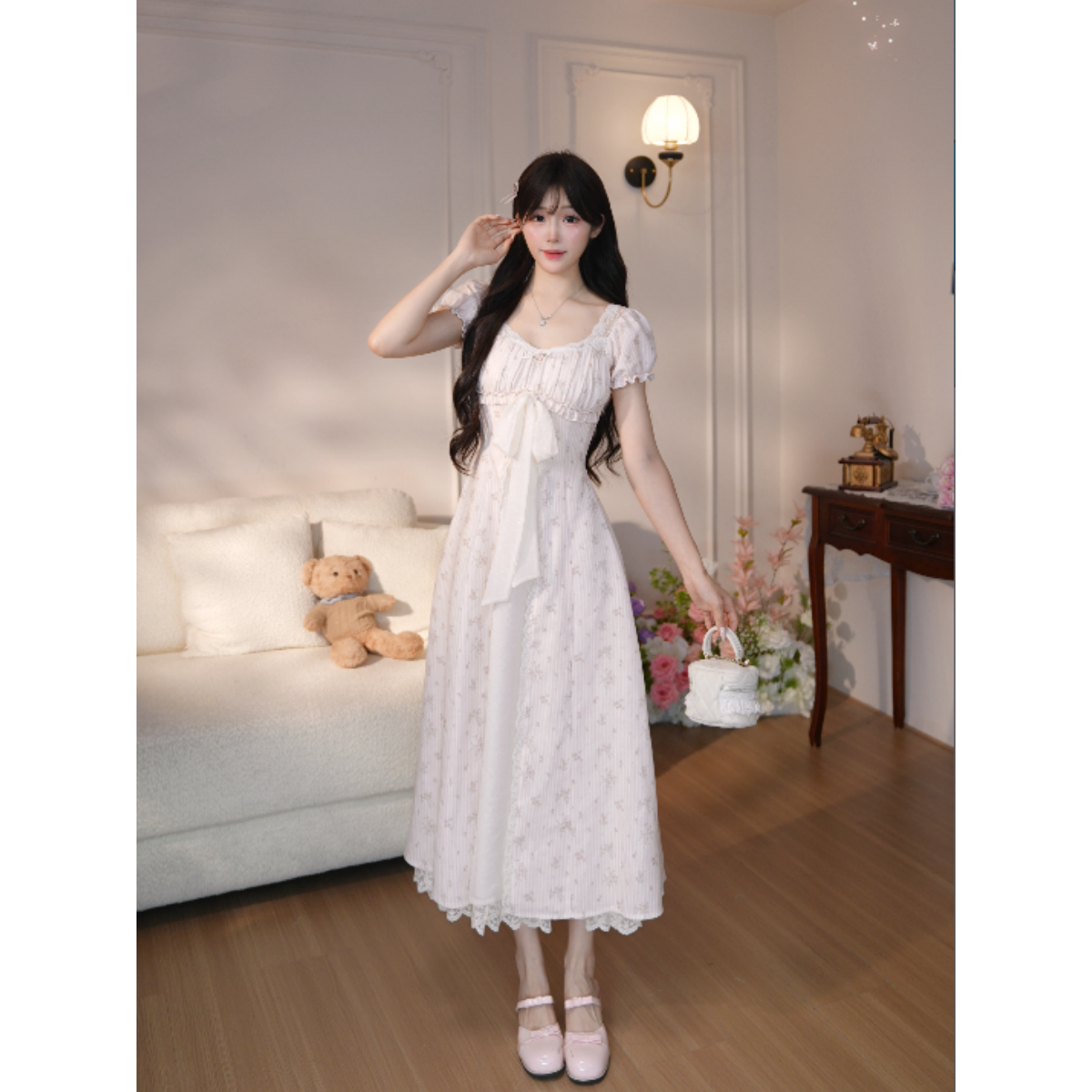 越韩小鱼Musefish 蔷薇少女长裙 甜美少女蕾丝边碎花夏季连衣裙女